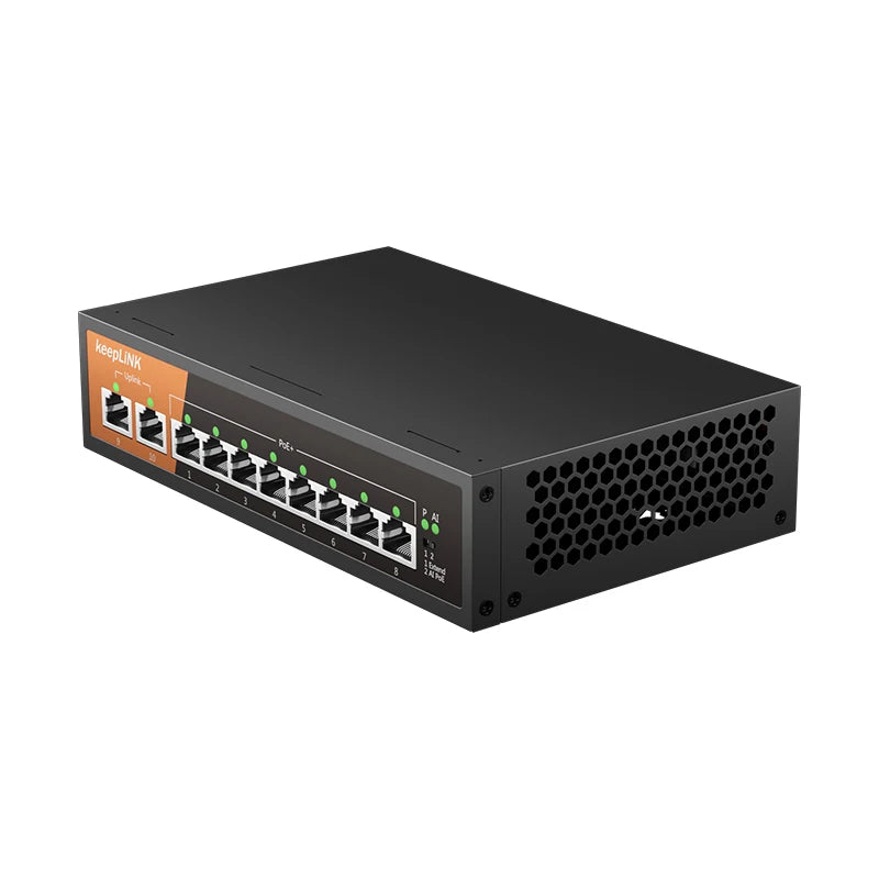Switch Gigabit PoE KeepLiNK 10 Portas Fanless - 8 PoE+ 2 Uplink IEEE 802.3af/at 135W VLAN Câmeras IP