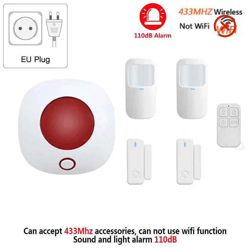 Sirene sem fio interna 433mhz, sistema de alarme de segurança doméstica autônomo, alto decibel, 110db, som, luz estroboscópica, alto-falante