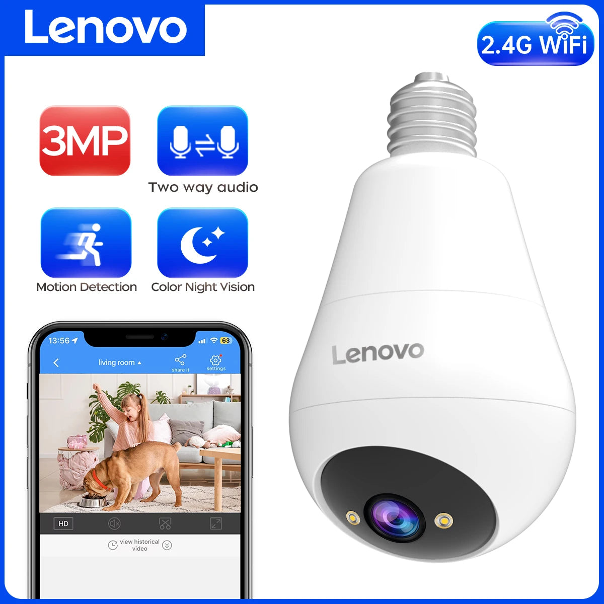 Câmera de Segurança Lenovo 3MP WiFi Lâmpada E27 com Visão Noturna Colorida e Áudio Bidirecional