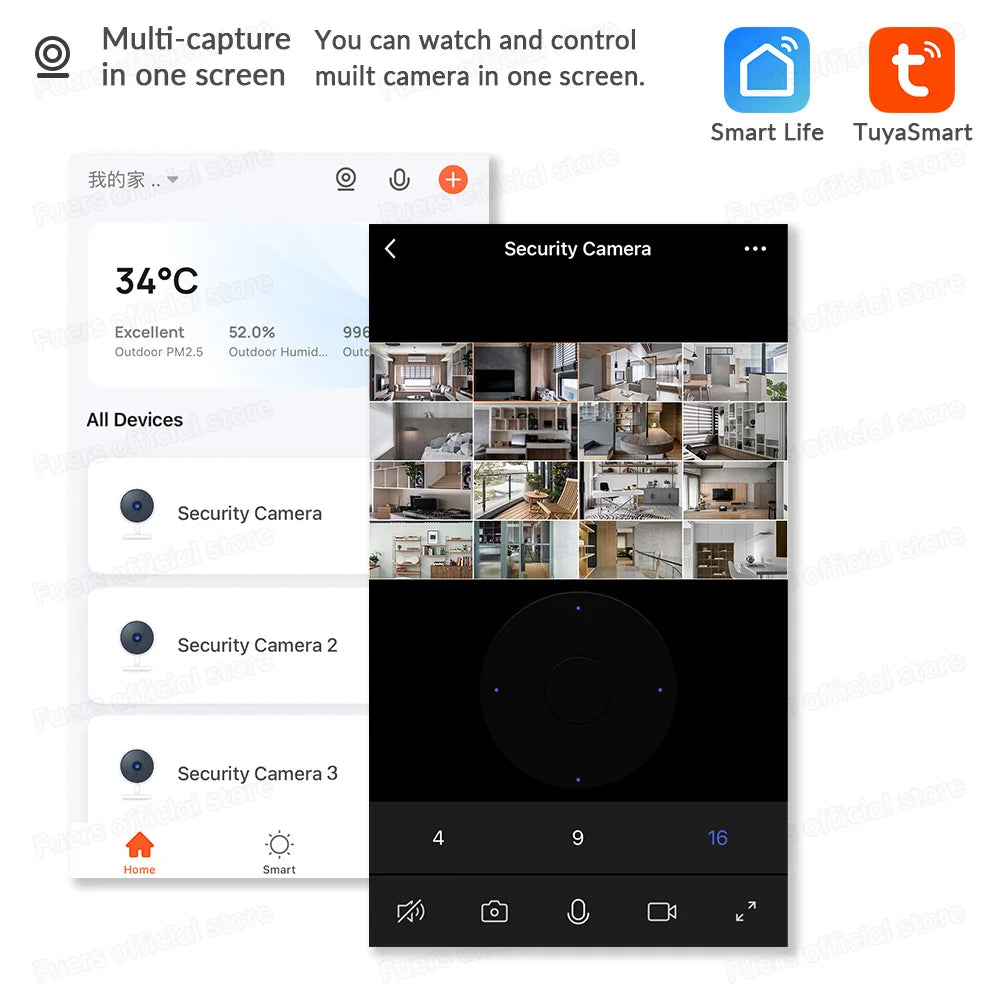 Câmera de Segurança Fuers 5MP WiFi Tuya Smart com Rastreamento Automático IA, Babá Eletrônica e Áudio Bidirecional
