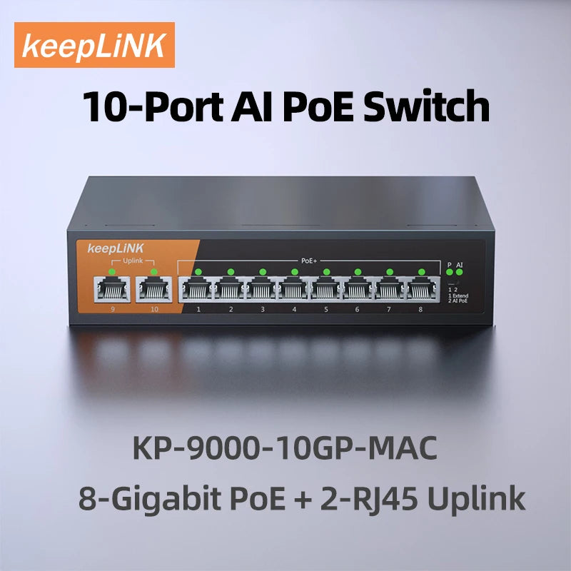 Switch Gigabit PoE KeepLiNK 10 Portas - 8 PoE+ 2 Uplink IEEE 802.3af/at 135W Plug & Play Câmeras IP