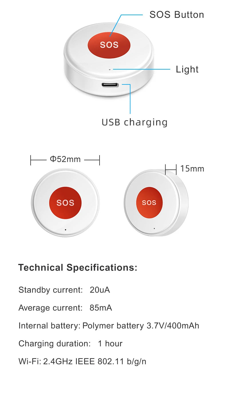 Tuya wifi sos botão uma chave de emergência sem fio alarme segurança dispositivo pânico para idosos crianças segurança em casa vida inteligente app remoto