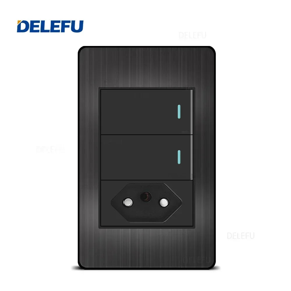 Interruptor e Tomada Padrão Brasileiro 10A com USB Tipo-C Painel Aço Inox Preto Delefu