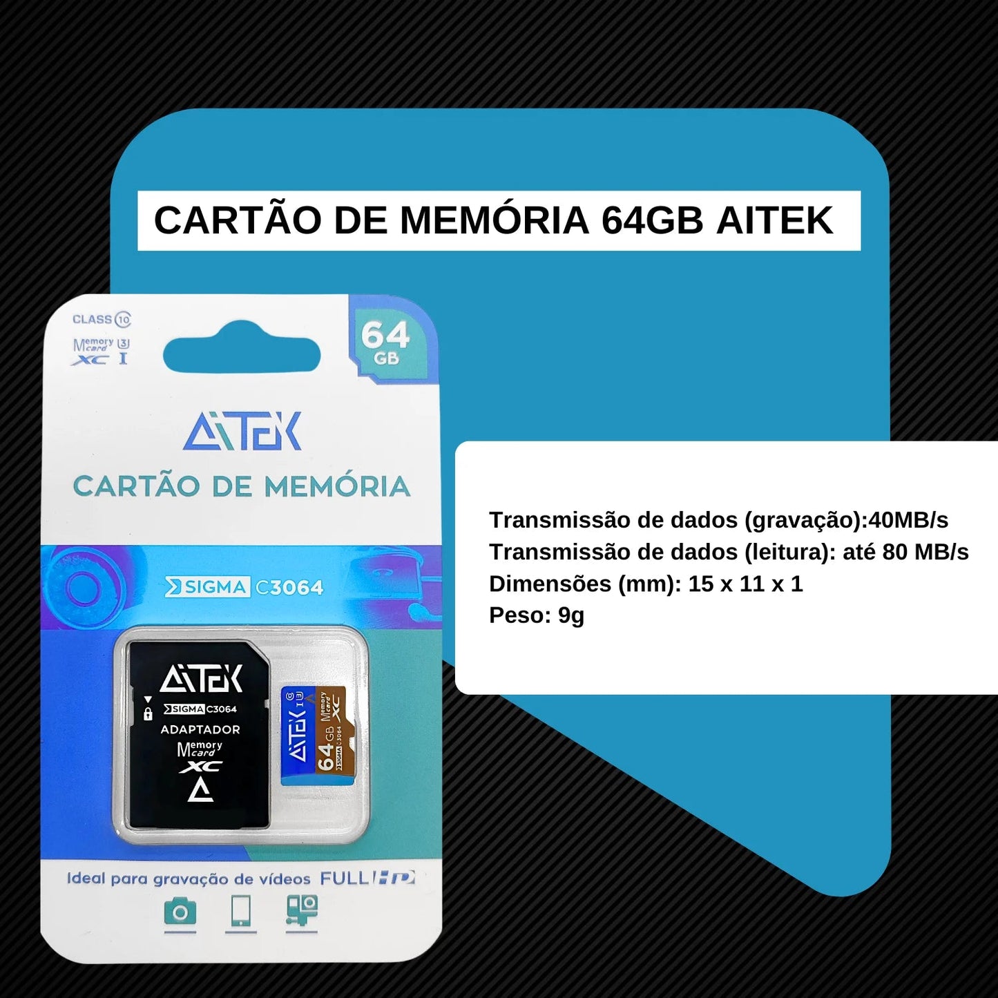 Cartão De Memória MicroSD 64GB Alta Velocidade UHS I 80MBs Leitura 40MBs Gravação Compatível Smartphone Camera Drone - LUFT SECURITY LTDA64 GBCartão De Memória MicroSD 64GB Alta Velocidade UHS I 80MBs Leitura 40MBs Gravação Compatível Smartphone Camera Drone