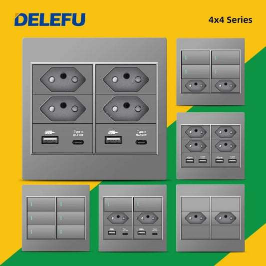 DELEFU 4x4 Fireproof Painel PC Brasil Standard Outlet Duplo USB Tipo C Parede Tomada de Luz Interruptor Escritório Cinza 10A 20A Carga Rápida - LUFT SECURITY LTDA16A 4gang 2wayDELEFU 4x4 Fireproof Painel PC Brasil Standard Outlet Duplo USB Tipo C Parede Tomada de Luz Interruptor Escritório Cinza 10A 20A Carga Rápida