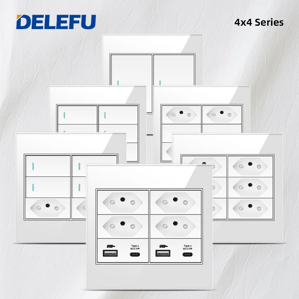DELEFU - Brasil Tomada de Parede Padrão, Painel Fireproof Glass, Duplo USB Tipo C, Interruptor de Luz, Escritório Branco, 10A 20A, 4x4 Carga Rápida - LUFT SECURITY LTDA4gang 2BrazilDELEFU - Brasil Tomada de Parede Padrão, Painel Fireproof Glass, Duplo USB Tipo C, Interruptor de Luz, Escritório Branco, 10A 20A, 4x4 Carga Rápida