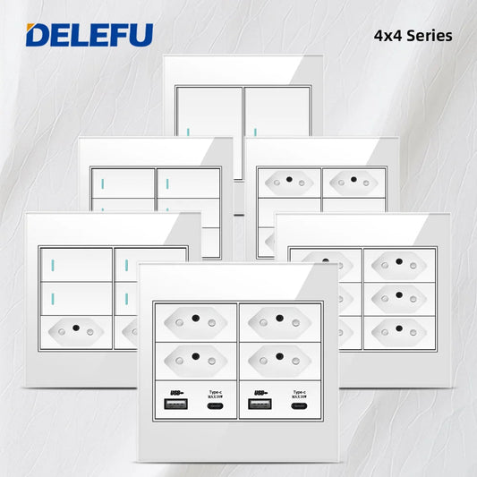 DELEFU - Brasil Tomada de Parede Padrão, Painel Fireproof Glass, Duplo USB Tipo C, Interruptor de Luz, Escritório Branco, 10A 20A, 4x4 Carga Rápida - LUFT SECURITY LTDA4gang 2BrazilDELEFU - Brasil Tomada de Parede Padrão, Painel Fireproof Glass, Duplo USB Tipo C, Interruptor de Luz, Escritório Branco, 10A 20A, 4x4 Carga Rápida