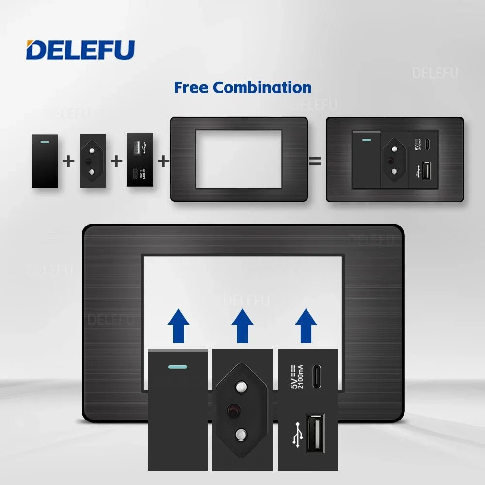 DELEFU - Painel preto de aço inoxidável série Brasil interruptor padrão 10A tomada Computador USB Tipo C tomada de parede - LUFT SECURITY LTDA2Brazil AADELEFU - Painel preto de aço inoxidável série Brasil interruptor padrão 10A tomada Computador USB Tipo C tomada de parede