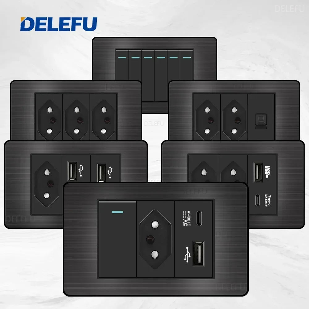 DELEFU - Painel preto de aço inoxidável série Brasil interruptor padrão 10A tomada Computador USB Tipo C tomada de parede - LUFT SECURITY LTDA2Brazil AADELEFU - Painel preto de aço inoxidável série Brasil interruptor padrão 10A tomada Computador USB Tipo C tomada de parede