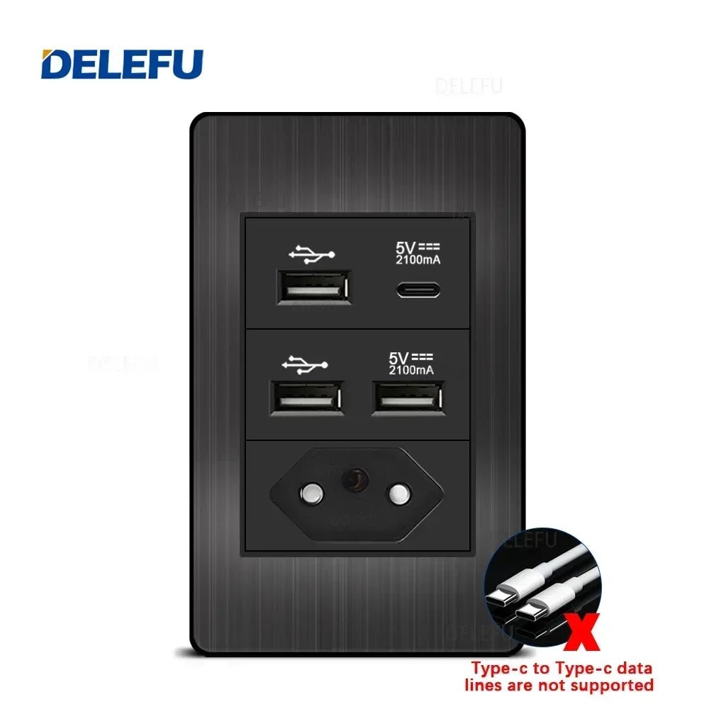 DELEFU - Painel preto de aço inoxidável série Brasil interruptor padrão 10A tomada Computador USB Tipo C tomada de parede - LUFT SECURITY LTDABrazil AA ACDELEFU - Painel preto de aço inoxidável série Brasil interruptor padrão 10A tomada Computador USB Tipo C tomada de parede