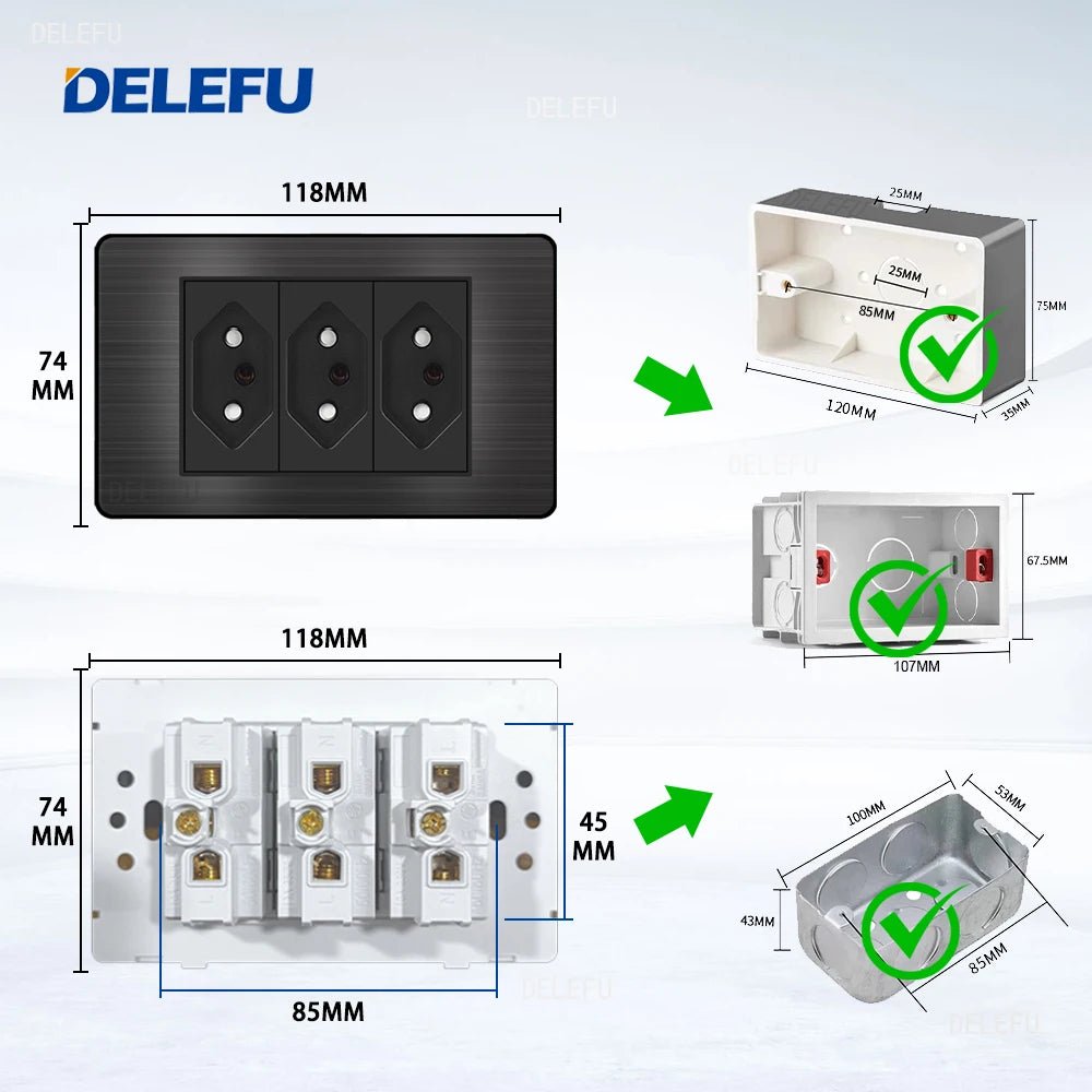 DELEFU - Painel preto de aço inoxidável série Brasil interruptor padrão 10A tomada Computador USB Tipo C tomada de parede - LUFT SECURITY LTDA2Brazil AADELEFU - Painel preto de aço inoxidável série Brasil interruptor padrão 10A tomada Computador USB Tipo C tomada de parede