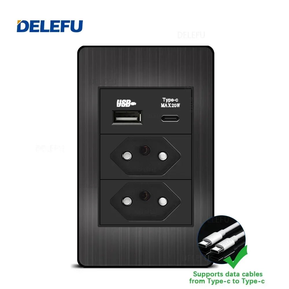 DELEFU - Painel preto de aço inoxidável série Brasil interruptor padrão 10A tomada Computador USB Tipo C tomada de parede - LUFT SECURITY LTDA2Brazil 20W ACDELEFU - Painel preto de aço inoxidável série Brasil interruptor padrão 10A tomada Computador USB Tipo C tomada de parede