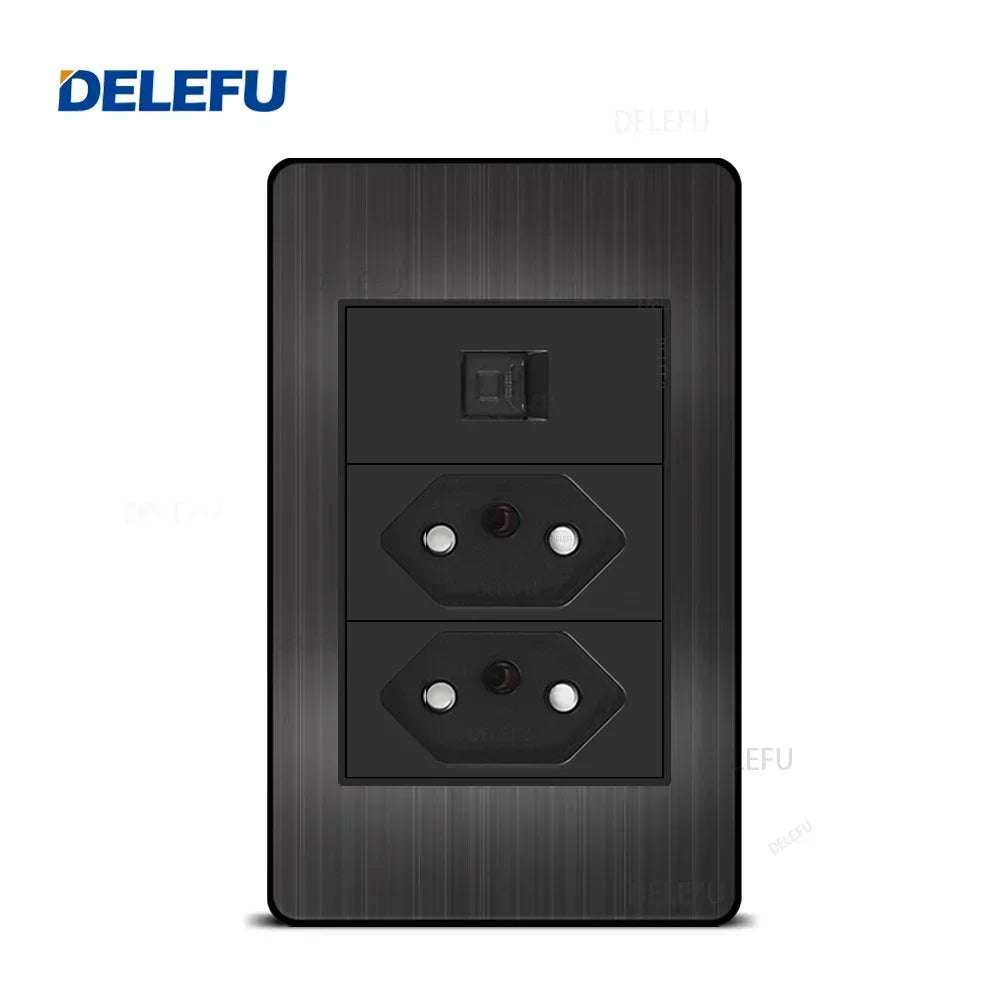 DELEFU - Painel preto de aço inoxidável série Brasil interruptor padrão 10A tomada Computador USB Tipo C tomada de parede - LUFT SECURITY LTDABrazil NETDELEFU - Painel preto de aço inoxidável série Brasil interruptor padrão 10A tomada Computador USB Tipo C tomada de parede