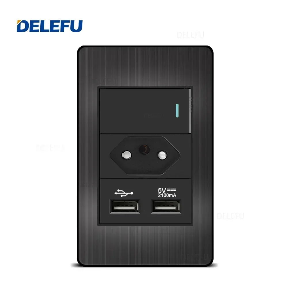 DELEFU - Painel preto de aço inoxidável série Brasil interruptor padrão 10A tomada Computador USB Tipo C tomada de parede - LUFT SECURITY LTDA1gang Brazil AADELEFU - Painel preto de aço inoxidável série Brasil interruptor padrão 10A tomada Computador USB Tipo C tomada de parede