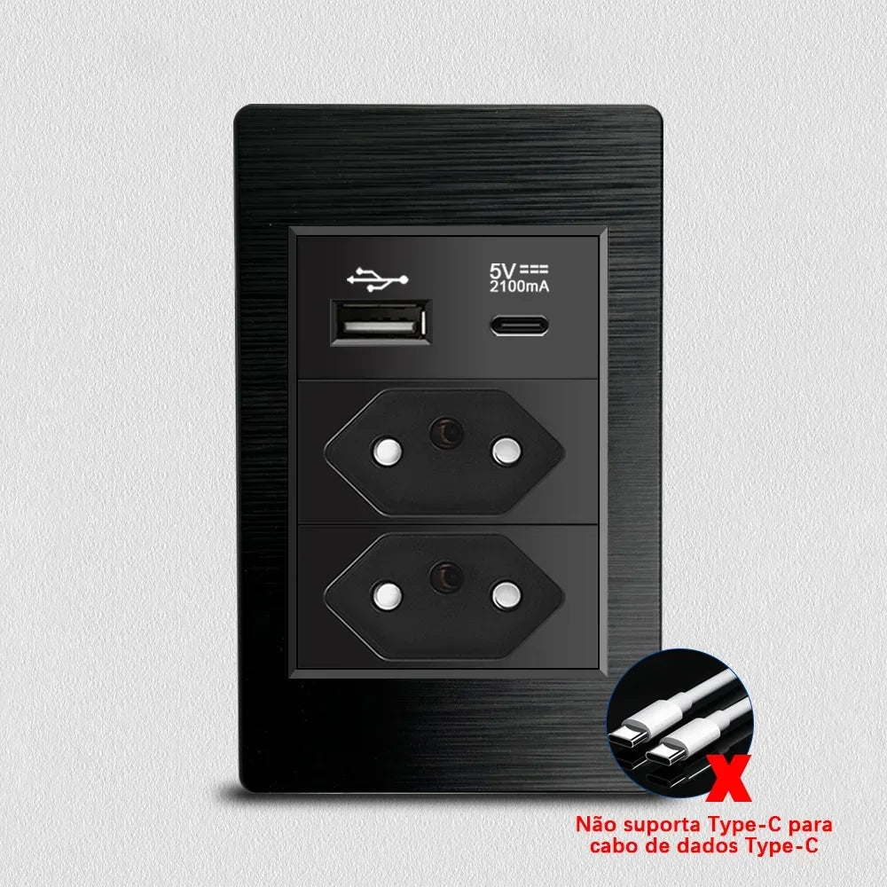DELEFU - Tomada escovada preta para PC, padrão Brasil, USB duplo tipo C, tomada de parede, acende - LUFT SECURITY LTDA2 Brazil ACDELEFU - Tomada escovada preta para PC, padrão Brasil, USB duplo tipo C, tomada de parede, acende
