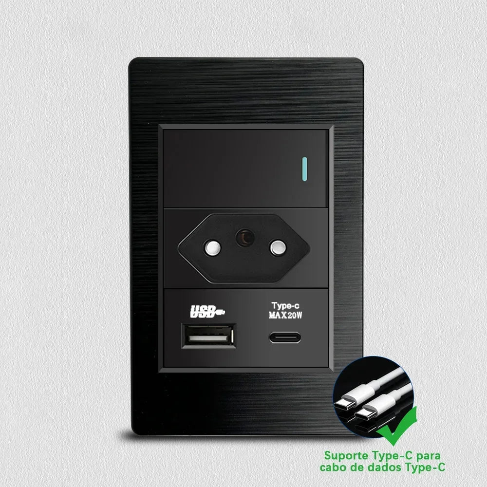 DELEFU - Tomada escovada preta para PC, padrão Brasil, USB duplo tipo C, tomada de parede, acende - LUFT SECURITY LTDA1gang Brazil 20w ACDELEFU - Tomada escovada preta para PC, padrão Brasil, USB duplo tipo C, tomada de parede, acende