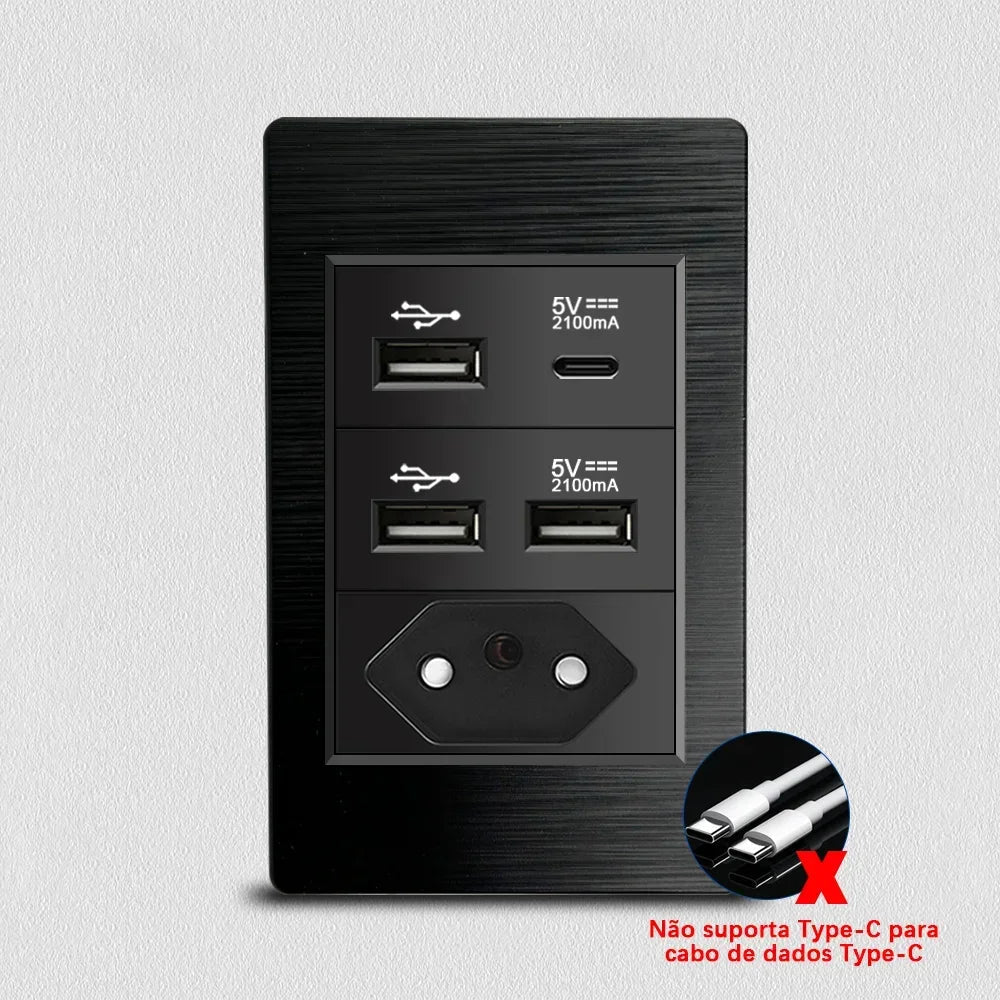 DELEFU - Tomada escovada preta para PC, padrão Brasil, USB duplo tipo C, tomada de parede, acende - LUFT SECURITY LTDABrazil AA ACDELEFU - Tomada escovada preta para PC, padrão Brasil, USB duplo tipo C, tomada de parede, acende