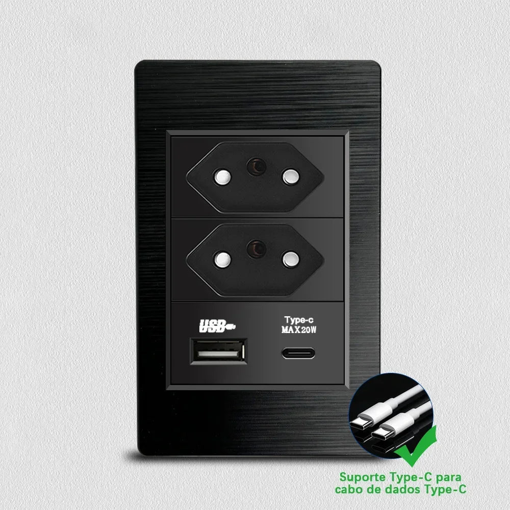 DELEFU - Tomada escovada preta para PC, padrão Brasil, USB duplo tipo C, tomada de parede, acende - LUFT SECURITY LTDA2 Brazil 20w ACDELEFU - Tomada escovada preta para PC, padrão Brasil, USB duplo tipo C, tomada de parede, acende