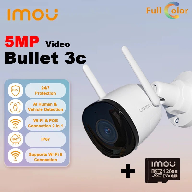 IMOU - Câmera IP Inteligente com Visão Noturna, Proteção de Segurança, WiFi, Detecção de Veículos, IP67, Proteção de Segurança, Bala 3C, 5MP, 3,6mm - LUFT SECURITY LTDAADD 128G 3.6MM EUIMOU - Câmera IP Inteligente com Visão Noturna, Proteção de Segurança, WiFi, Detecção de Veículos, IP67, Proteção de Segurança, Bala 3C, 5MP, 3,6mm