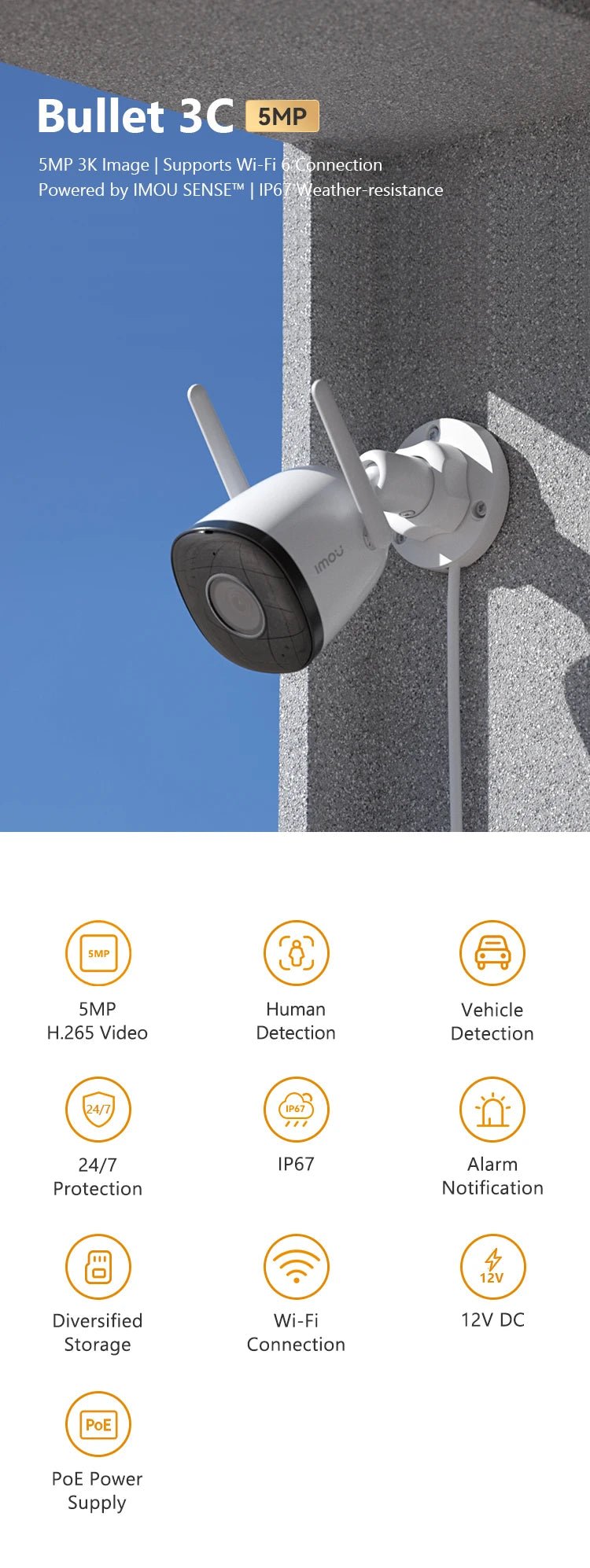 IMOU - Câmera IP Inteligente com Visão Noturna, Proteção de Segurança, WiFi, Detecção de Veículos, IP67, Proteção de Segurança, Bala 3C, 5MP, 3,6mm - LUFT SECURITY LTDA5MP 2.8mm x EU PLUGIMOU - Câmera IP Inteligente com Visão Noturna, Proteção de Segurança, WiFi, Detecção de Veículos, IP67, Proteção de Segurança, Bala 3C, 5MP, 3,6mm