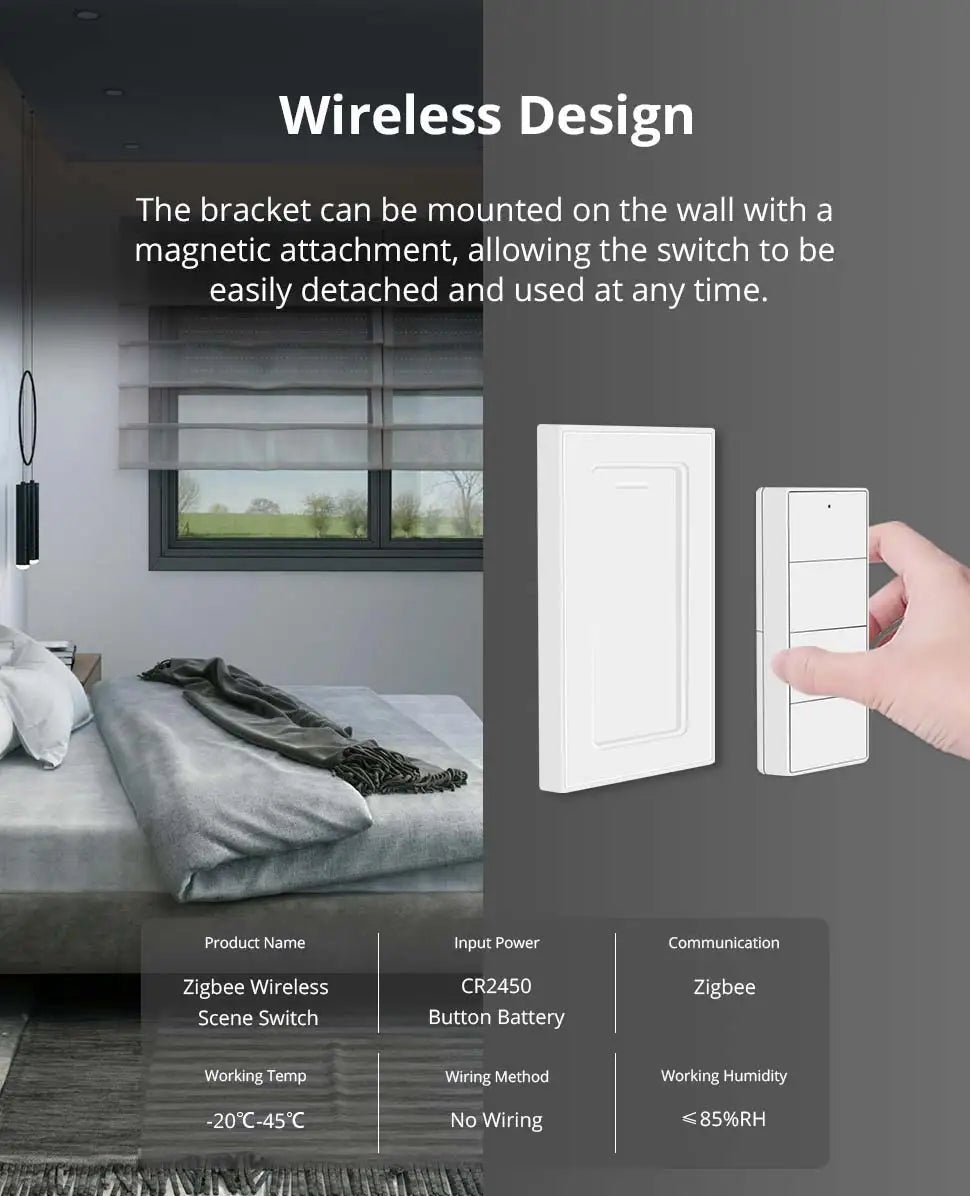 Interruptor de cena sem fio Zemismart Zigbee de 4 gangues, alimentado por bateria, compatível com Tuya Home Assistant Homey Hubitat (hub necessário) - LUFT SECURITY LTDAwith DimmingInterruptor de cena sem fio Zemismart Zigbee de 4 gangues, alimentado por bateria, compatível com Tuya Home Assistant Homey Hubitat (hub necessário)