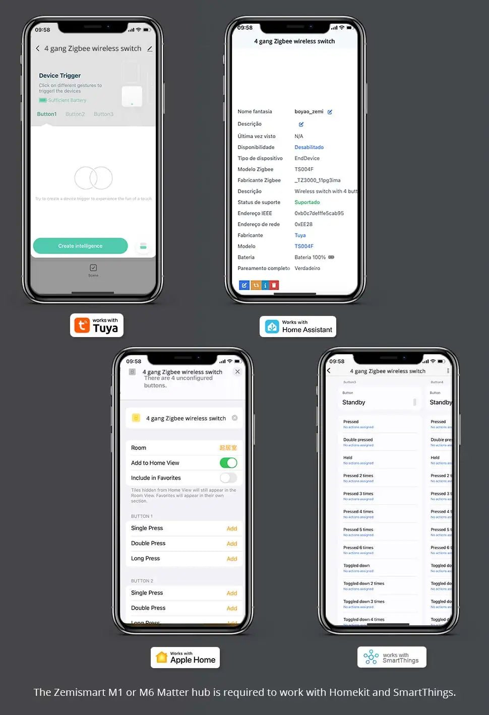 Interruptor de cena sem fio Zemismart Zigbee de 4 gangues, alimentado por bateria, compatível com Tuya Home Assistant Homey Hubitat (hub necessário) - LUFT SECURITY LTDAwith DimmingInterruptor de cena sem fio Zemismart Zigbee de 4 gangues, alimentado por bateria, compatível com Tuya Home Assistant Homey Hubitat (hub necessário)