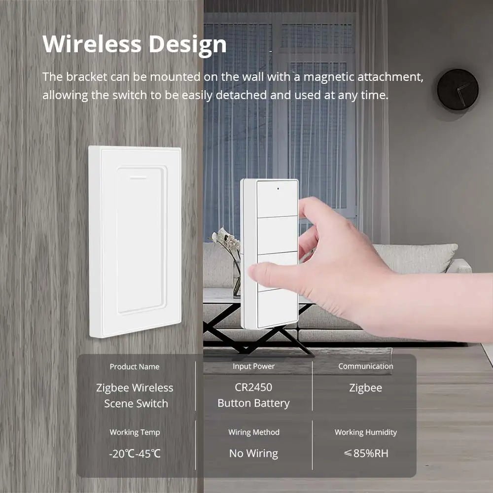 Interruptor de cena sem fio Zemismart Zigbee de 4 gangues, alimentado por bateria, compatível com Tuya Home Assistant Homey Hubitat (hub necessário) - LUFT SECURITY LTDAwith DimmingInterruptor de cena sem fio Zemismart Zigbee de 4 gangues, alimentado por bateria, compatível com Tuya Home Assistant Homey Hubitat (hub necessário)
