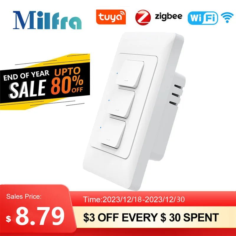 Milfra interruptor de luz inteligente wifi zigbee nenhum fio neutro necessário au kr brasil interruptores de botão de parede 1/2/3gang AC100V - 250V 50/60hz - LUFT SECURITY LTDA3 GangMilfra interruptor de luz inteligente wifi zigbee nenhum fio neutro necessário au kr brasil interruptores de botão de parede 1/2/3gang AC100V - 250V 50/60hz