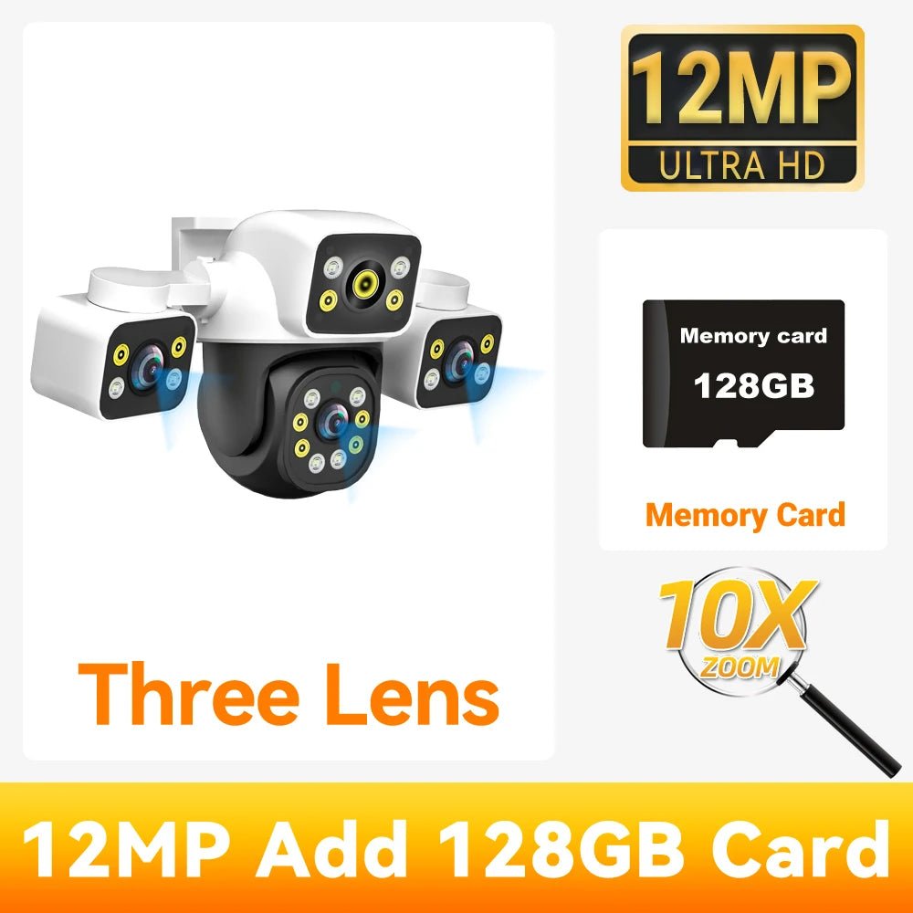 Pegatah 6k 12mp câmera wi - fi ao ar livre três telas três lentes 10x zoom ptz rastreamento automático alarme visual sonoro câmera de segurança - LUFT SECURITY LTDA3 Lens Add 128G CardPegatah 6k 12mp câmera wi - fi ao ar livre três telas três lentes 10x zoom ptz rastreamento automático alarme visual sonoro câmera de segurança