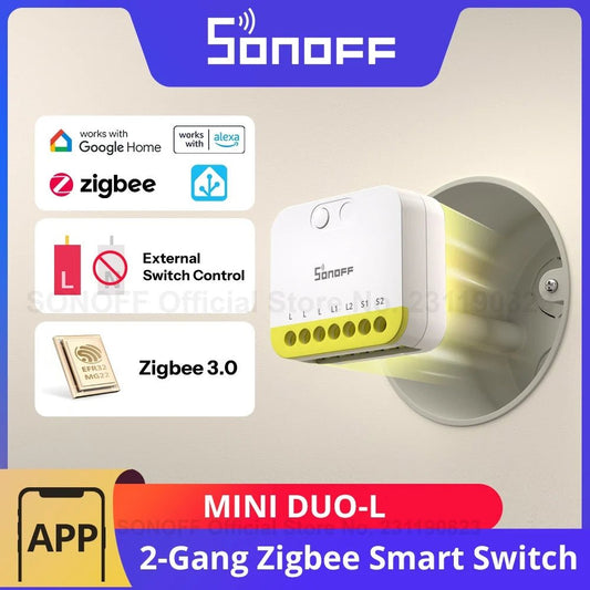 Sonoff mini DUO - L interruptor inteligente zigbee de 2 gangues MINI - ZB2GS - L sem necessidade de fio neutro controle de interruptor externo de canal duplo menor - LUFT SECURITY LTDAMINI - ZB2GS - LSonoff mini DUO - L interruptor inteligente zigbee de 2 gangues MINI - ZB2GS - L sem necessidade de fio neutro controle de interruptor externo de canal duplo menor