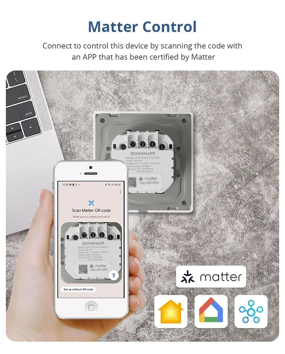 Zemismart Matter WiFi UE 1 2 3 Gangs Interruptor de luz de parede inteligente neutro necessário com botão grande SmartThings App Homekit Controle - LUFT SECURITY LTDA2 - GangZemismart Matter WiFi UE 1 2 3 Gangs Interruptor de luz de parede inteligente neutro necessário com botão grande SmartThings App Homekit Controle