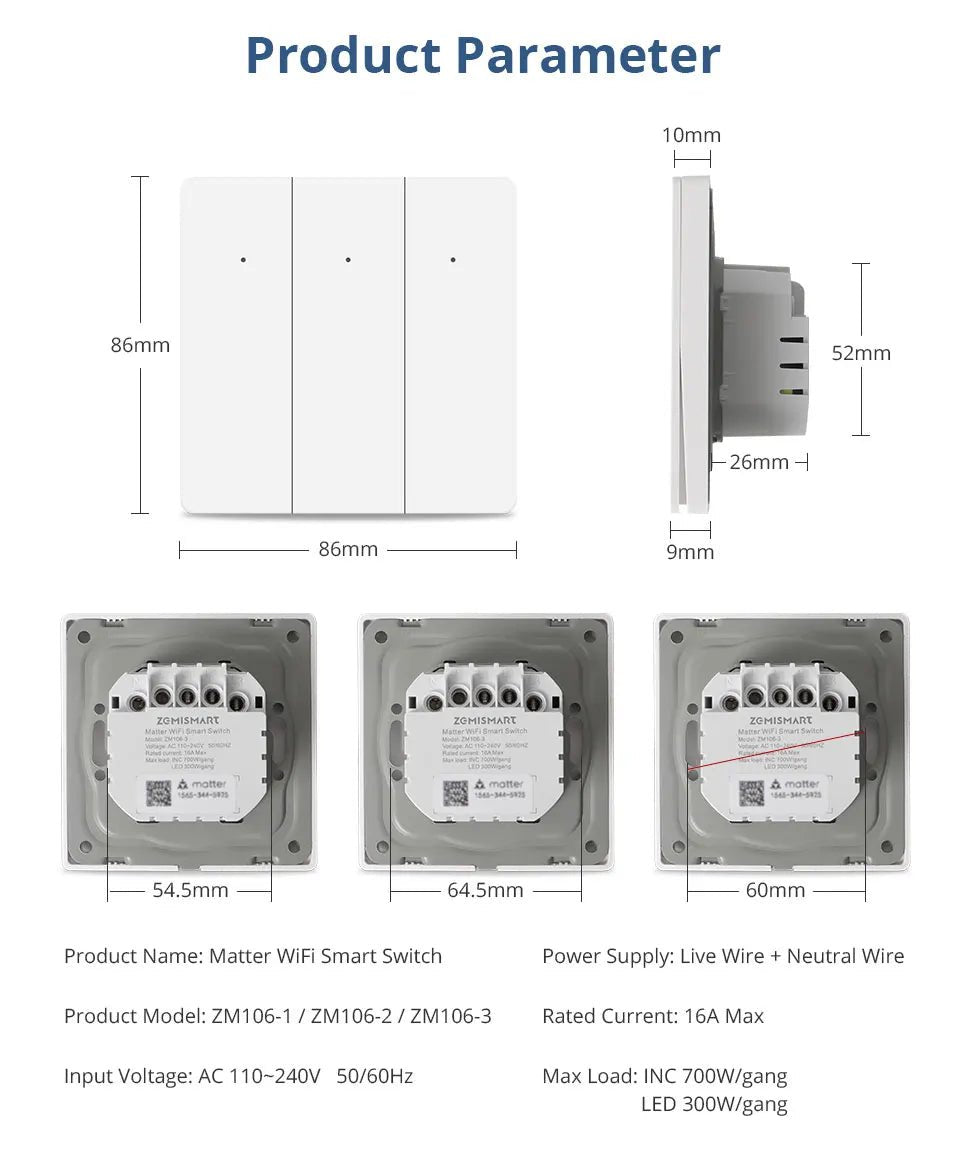 Zemismart Matter WiFi UE 1 2 3 Gangs Interruptor de luz de parede inteligente neutro necessário com botão grande SmartThings App Homekit Controle - LUFT SECURITY LTDA2 - GangZemismart Matter WiFi UE 1 2 3 Gangs Interruptor de luz de parede inteligente neutro necessário com botão grande SmartThings App Homekit Controle